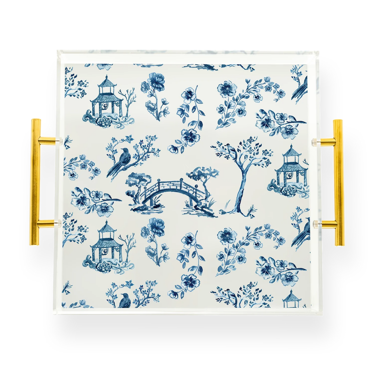 CHINOISERIE ACRYLIC Tray Gold Handles Honeysuckle Rose Boutique