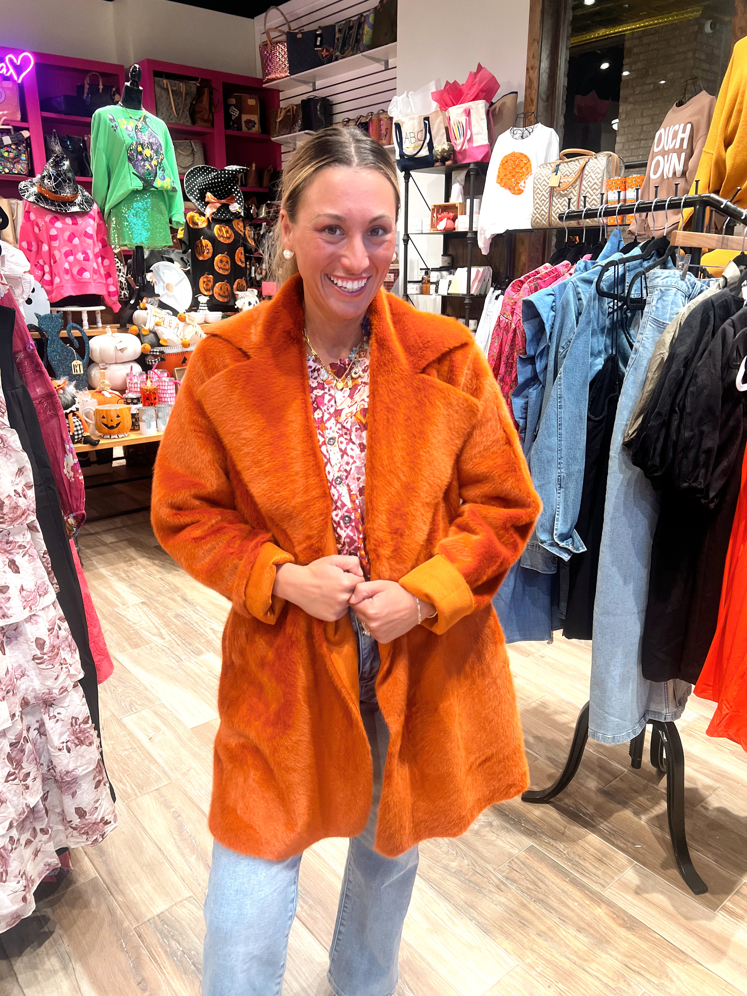 Faux Fur Suede Coat Rust - Main Image